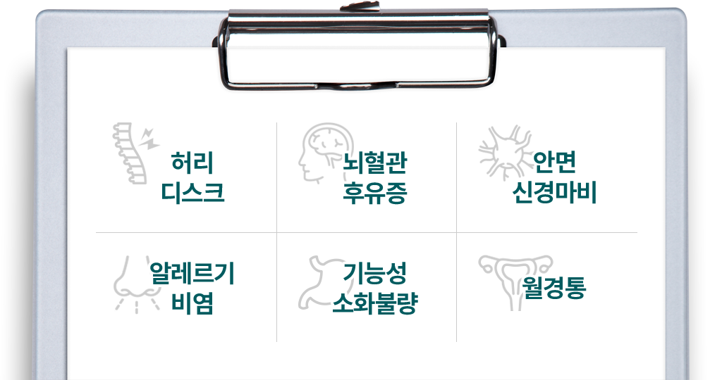 허리디스크, 뇌혈관 후유증, 안면 신경마비, 알레르기 비염, 기능성 소화불량, 월경통